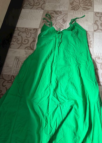 Yeşil Pamuk Keten Uzun Askılı Elbise - Görsel 8