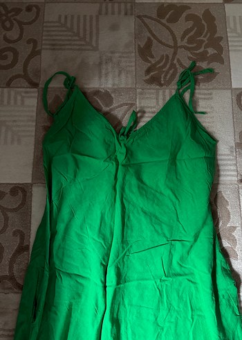 Yeşil Pamuk Keten Uzun Askılı Elbise - Görsel 2