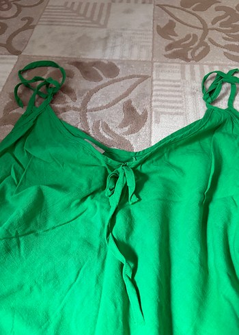 Yeşil Pamuk Keten Uzun Askılı Elbise - Görsel 5