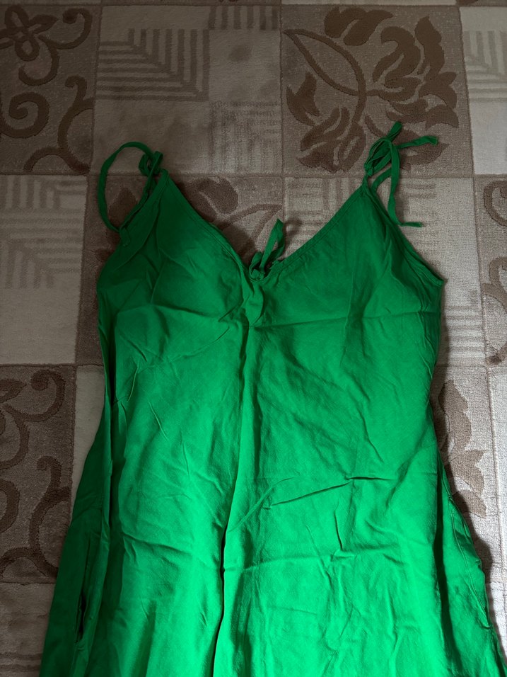 Yeşil Pamuk Keten Uzun Askılı Elbise - Görsel 2