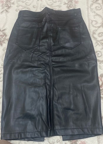 Kadın Siyah Deri Midi Etek - Görsel 4