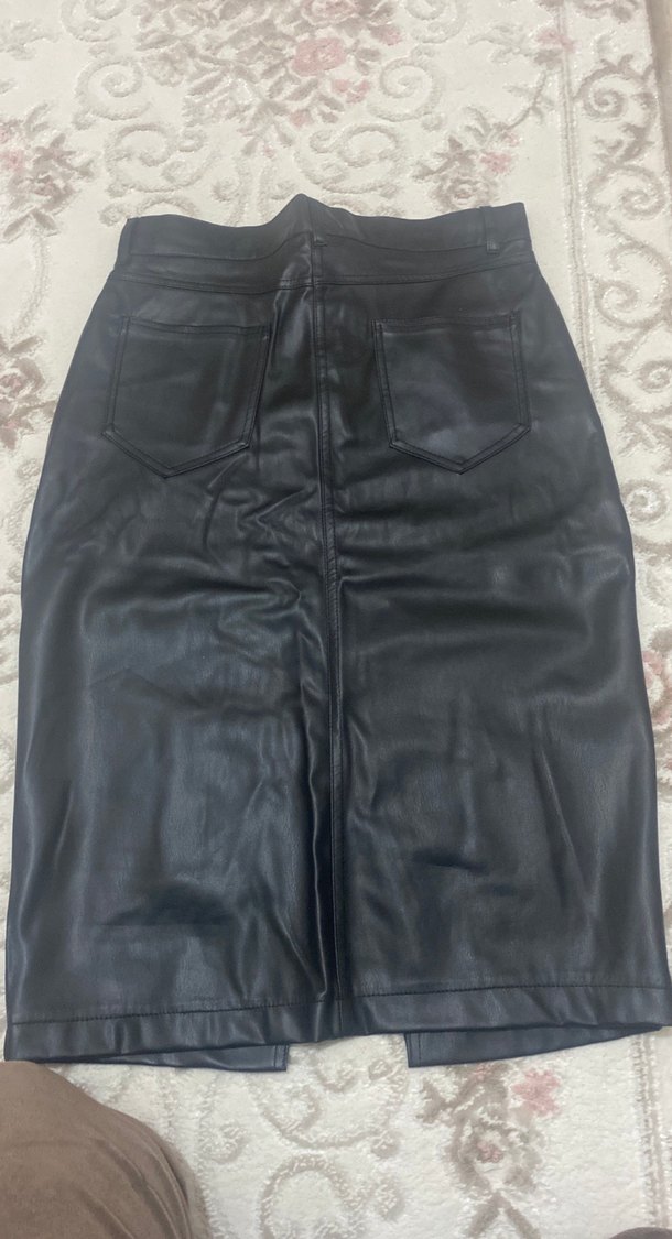 Kadın Siyah Deri Midi Etek - Görsel 4