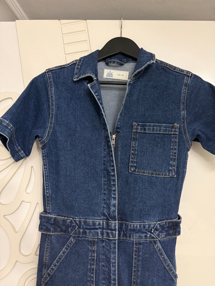 Kadın Lacivert Kot Tulum Kemerli - Görsel 3