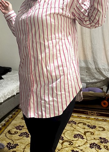 Pembe Çizgili Uzun Kollu Kadın Gömlek owersıze - Görsel 3