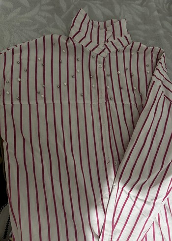 Pembe Çizgili Uzun Kollu Kadın Gömlek owersıze - Görsel 10
