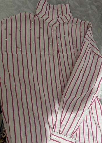Pembe Çizgili Uzun Kollu Kadın Gömlek owersıze - Görsel 9