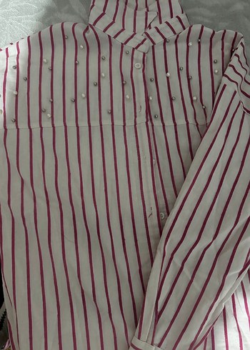 Pembe Çizgili Uzun Kollu Kadın Gömlek owersıze - Görsel 6