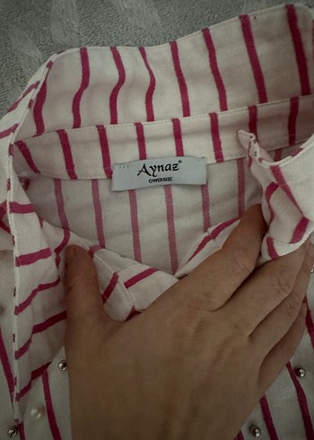 Pembe Çizgili Uzun Kollu Kadın Gömlek owersıze - Görsel 7