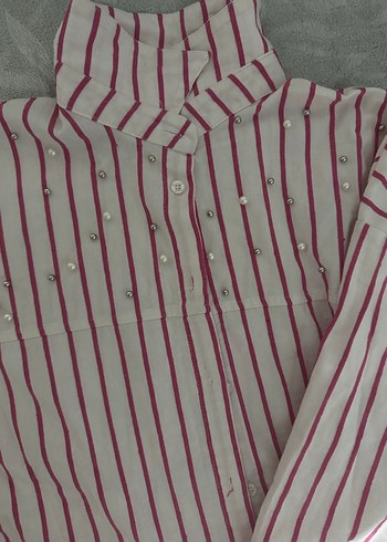 Pembe Çizgili Uzun Kollu Kadın Gömlek owersıze - Görsel 5