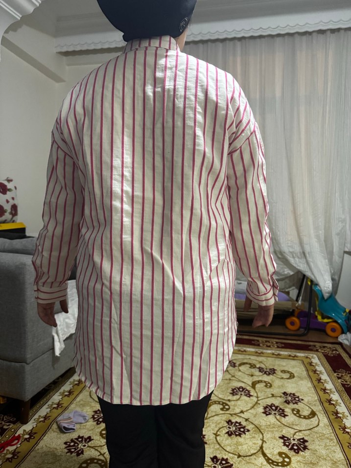 Pembe Çizgili Uzun Kollu Kadın Gömlek owersıze - Görsel 2