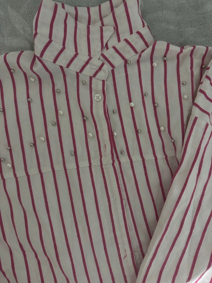 Pembe Çizgili Uzun Kollu Kadın Gömlek owersıze - Görsel 5