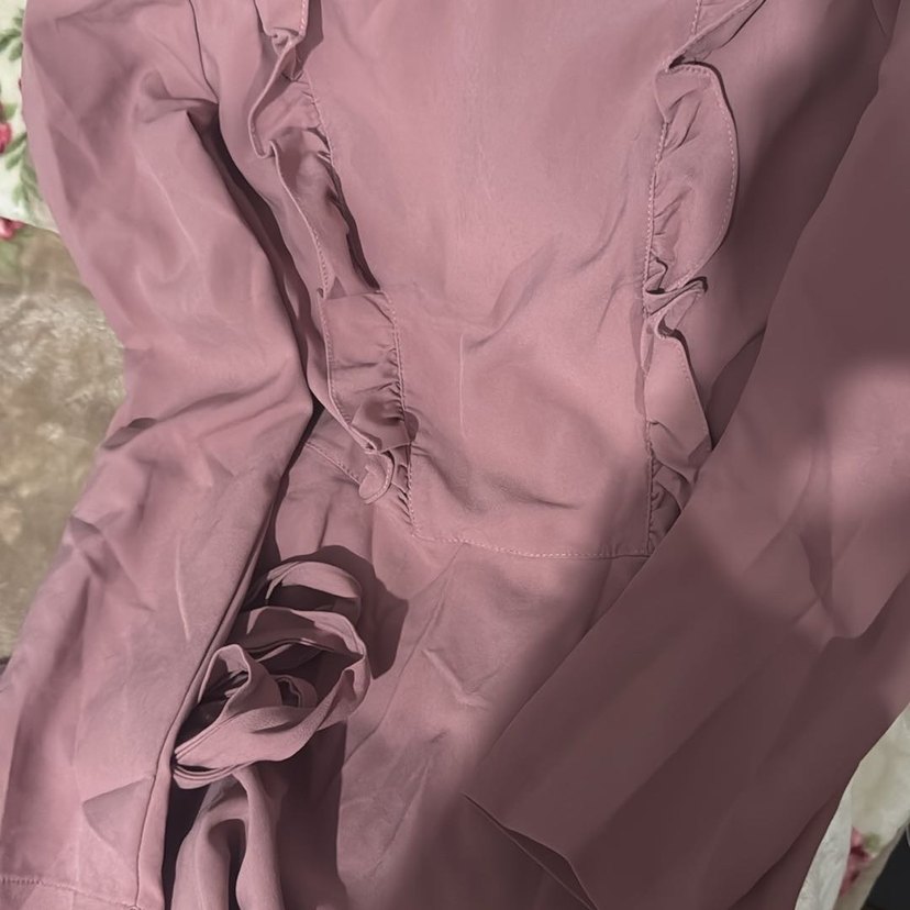 Pembe Uzun Kollu Fırfırlı Uzun Elbise - Görsel 2