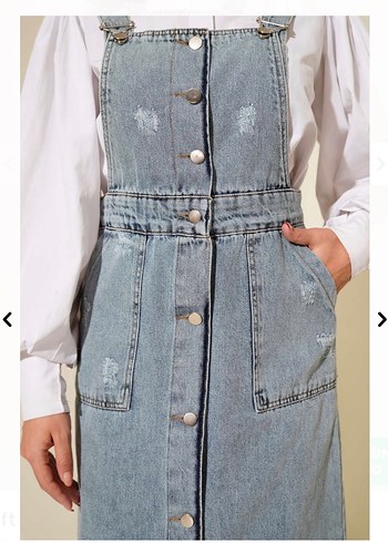 Düğmeli Gri Kot Uzun Kadın Salopet - Görsel 2