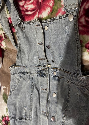 Düğmeli Gri Kot Uzun Kadın Salopet - Görsel 5