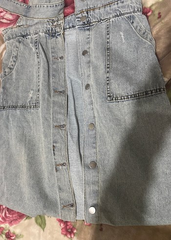 Düğmeli Gri Kot Uzun Kadın Salopet - Görsel 9