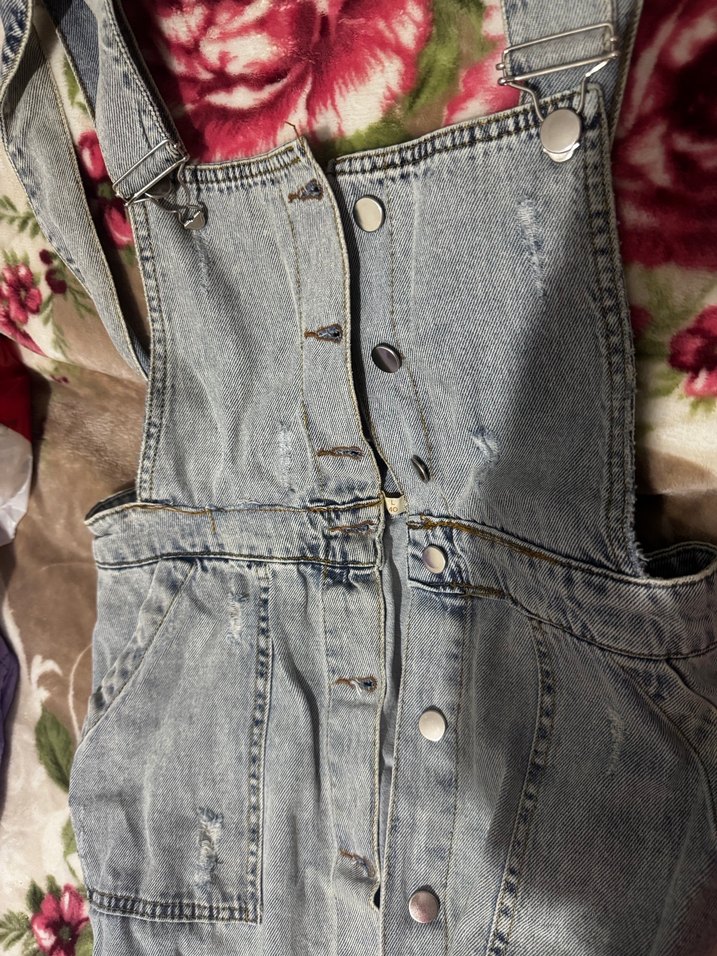 Düğmeli Gri Kot Uzun Kadın Salopet - Görsel 5