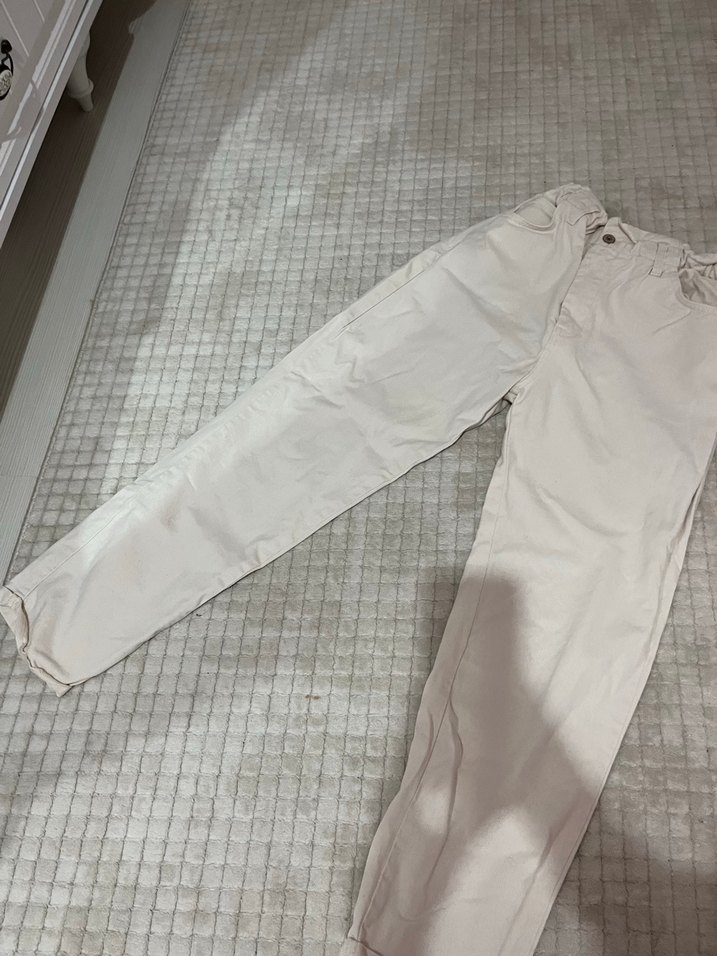 Beyaz Keten Midi Bol Kesim Kemerli Kadın Pantolon - Görsel 2