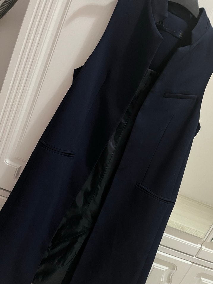 Uzun lacivert Kadın Yelek - Görsel 3