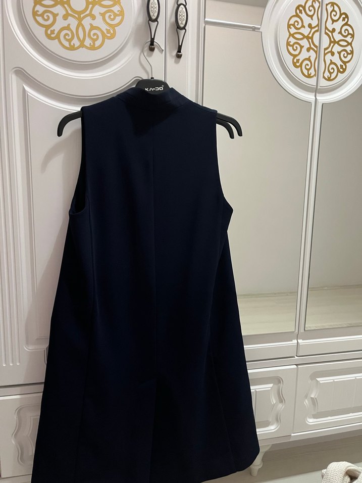 Uzun lacivert Kadın Yelek - Görsel 4