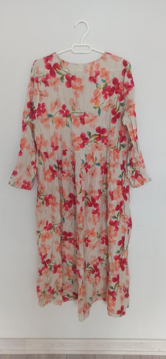 Çiçek Desenli Bohem Uzun Keten Elbise - Görsel 2