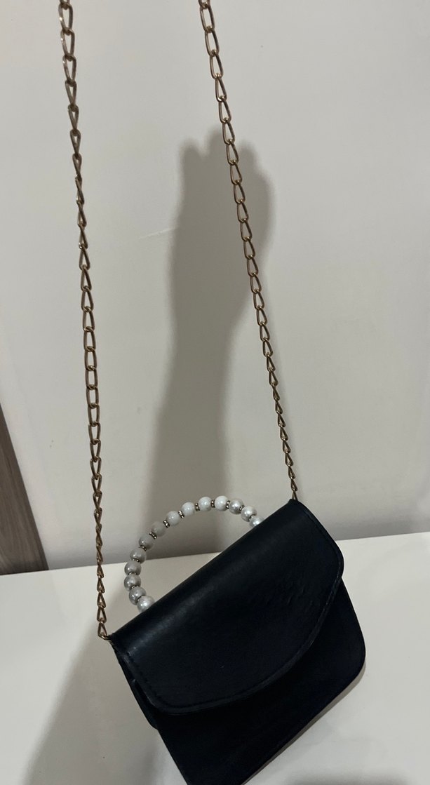 İnci Boncuklu Siyah Deri Kadın Çanta - Görsel 3