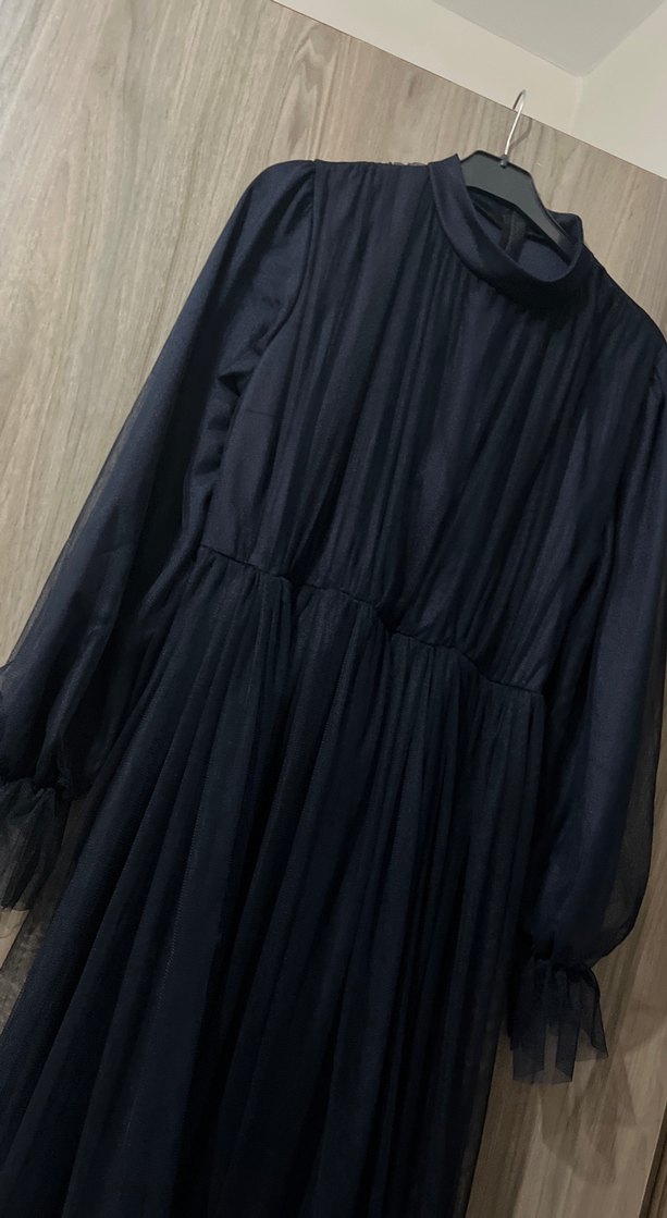 Uzun lacivert Piliseli Gotik Kadın Elbise - Görsel 2