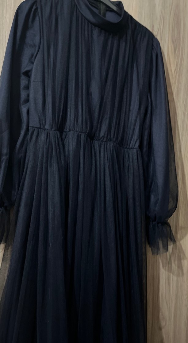Uzun lacivert Piliseli Gotik Kadın Elbise - Görsel 3