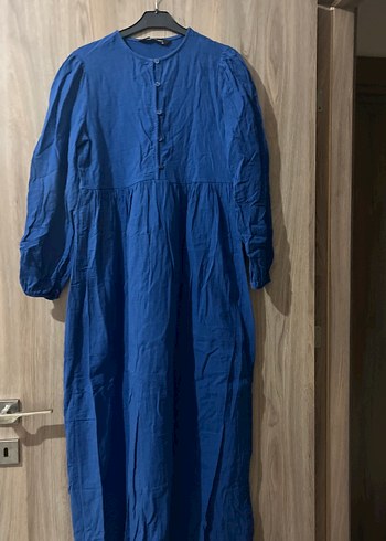 Düğmeli Koyu Mavi Uzun Keten Elbise - Görsel 2