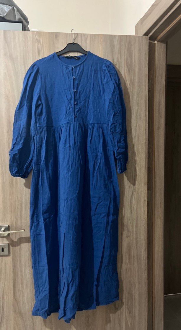 Düğmeli Koyu Mavi Uzun Keten Elbise - Görsel 2