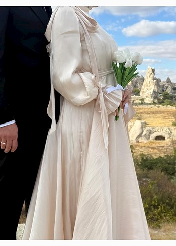 Krem Tesettür Dökümlü Abiye Elbise - Görsel 18