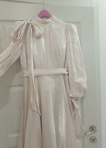 Krem Tesettür Dökümlü Abiye Elbise - Görsel 5