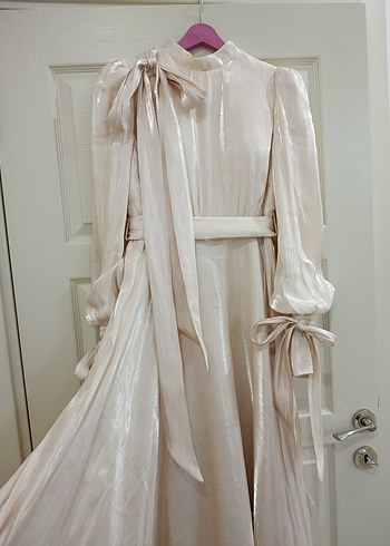 Krem Tesettür Dökümlü Abiye Elbise - Görsel 8