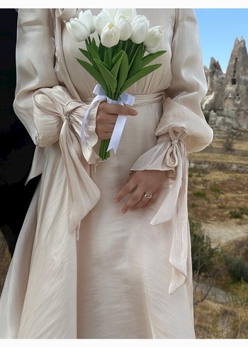 Krem Tesettür Dökümlü Abiye Elbise - Görsel 2