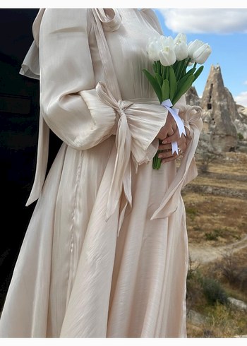 Krem Tesettür Dökümlü Abiye Elbise - Görsel 19