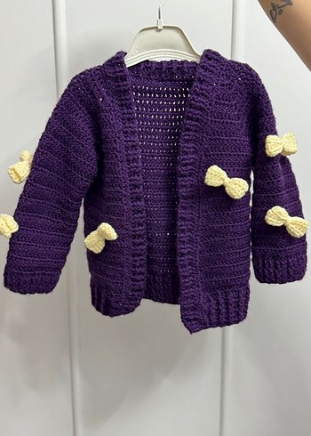 Mor Örgü Kız Hırka Sarı Fiyonk Detaylı - Görsel 3