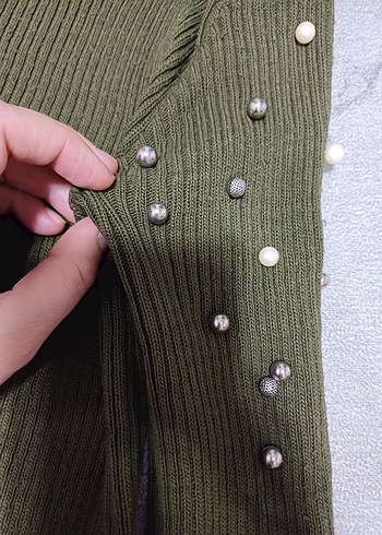 İnce Örgü Kadın haki Kazak İnci Detaylı - Görsel 4