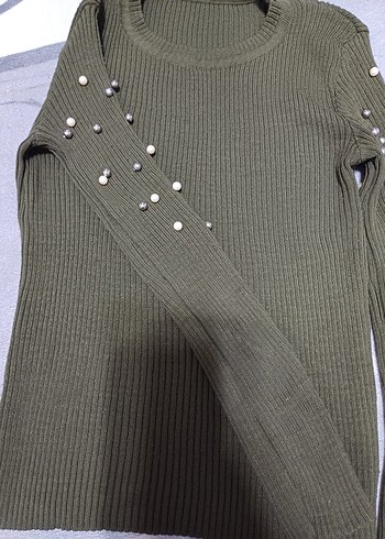 İnce Örgü Kadın haki Kazak İnci Detaylı - Görsel 2