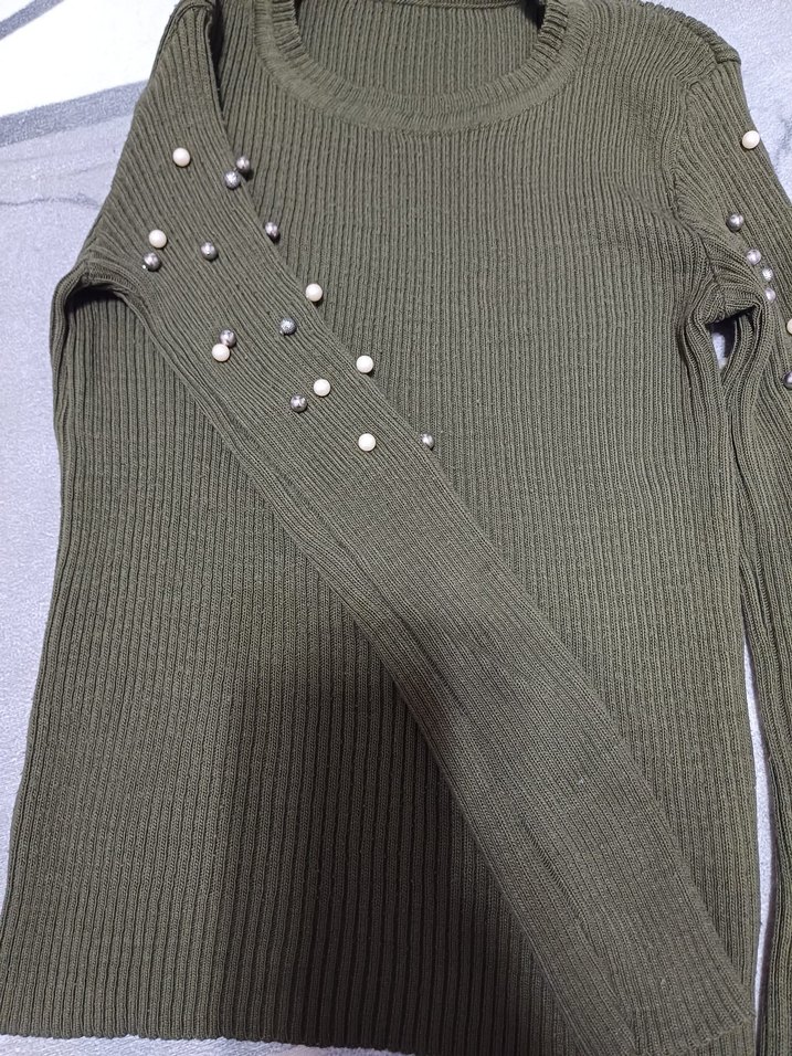 İnce Örgü Kadın haki Kazak İnci Detaylı - Görsel 2