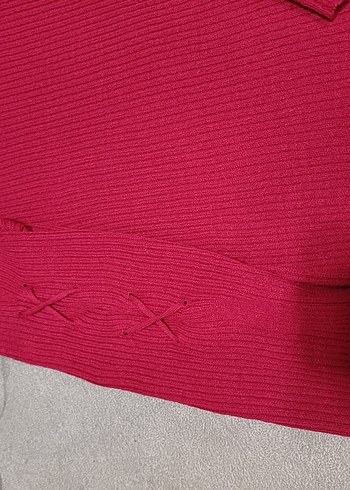 koyu pembe V Yaka Örgü Kadın Kazak - Görsel 4