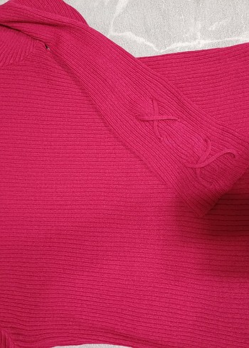 koyu pembe V Yaka Örgü Kadın Kazak - Görsel 3