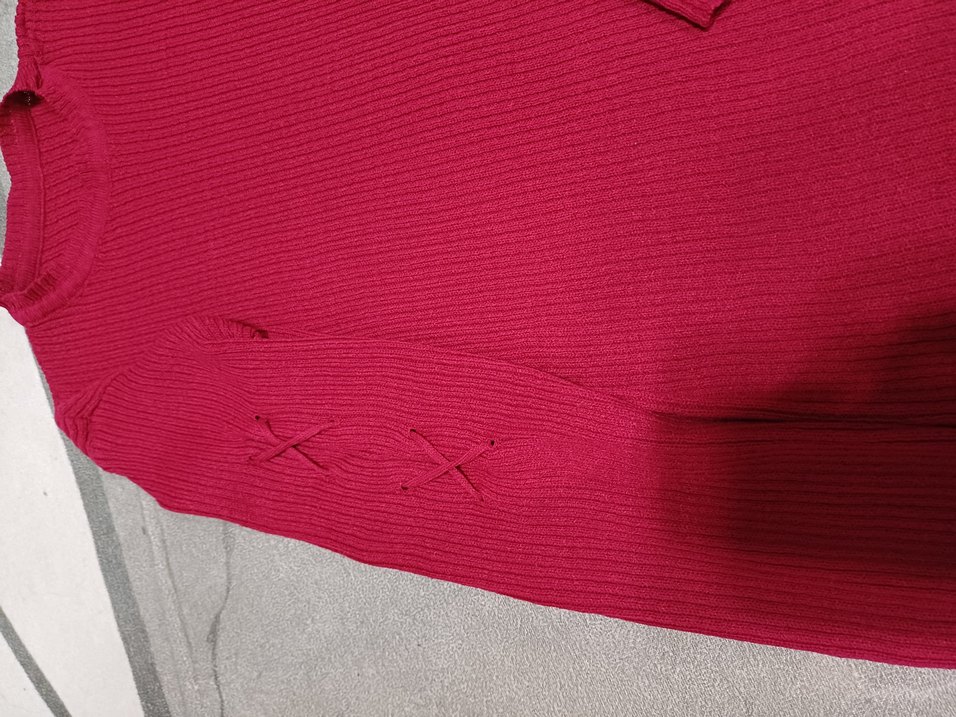 koyu pembe V Yaka Örgü Kadın Kazak - Görsel 4