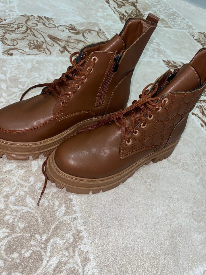 Kahverengi Deri Platform Topuklu Kadın Bot - Görsel 2