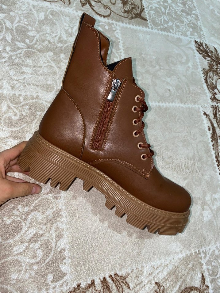 Kahverengi Deri Platform Topuklu Kadın Bot - Görsel 5