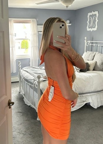 Parlak Turuncu Drapeli Mini Abiye Elbise - Görsel 3