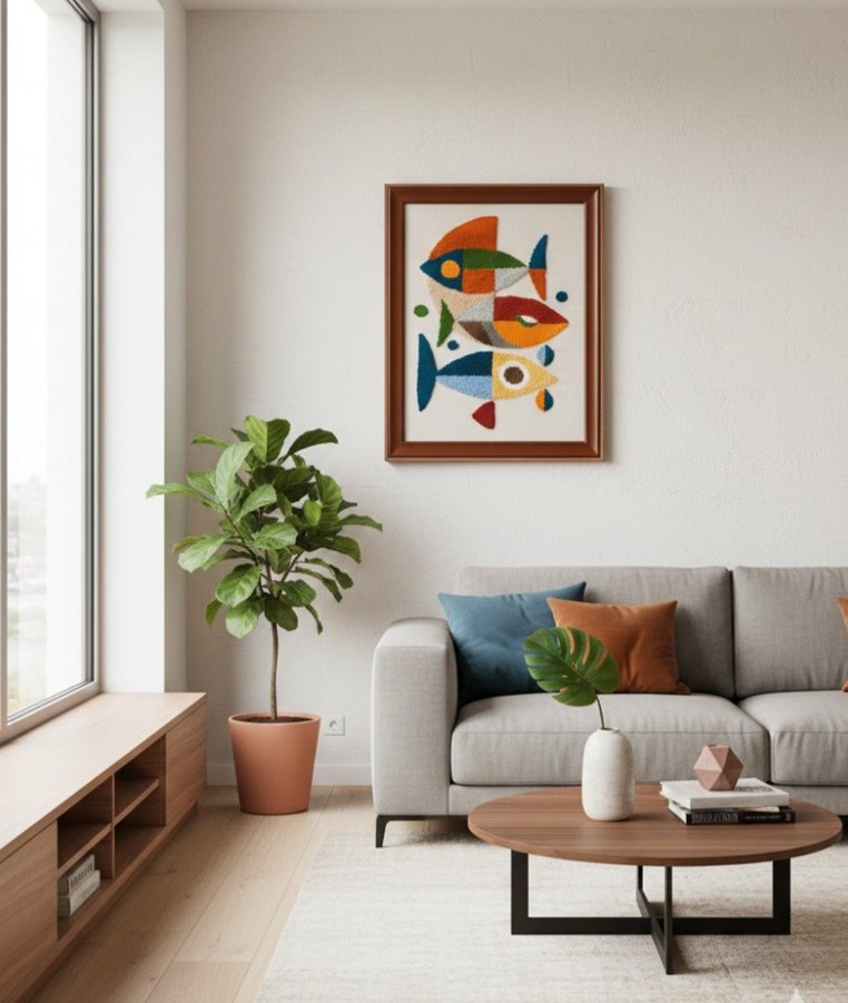 Rengarenk Balıklar: El Yapımı Punch Tablo (Dokulu Duvar Sanatı) - Görsel 3