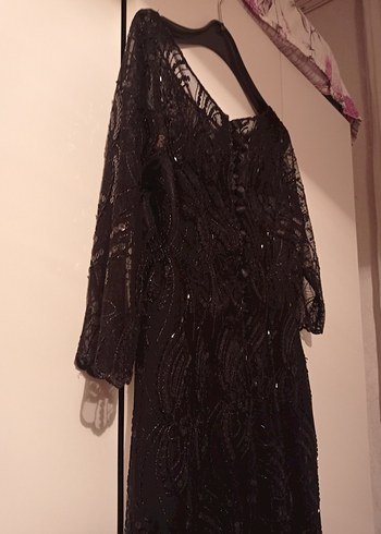 Siyah Midi Drape V Yaka Gotik Abiye - Görsel 3