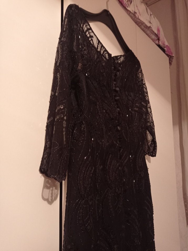 Siyah Midi Drape V Yaka Gotik Abiye - Görsel 3