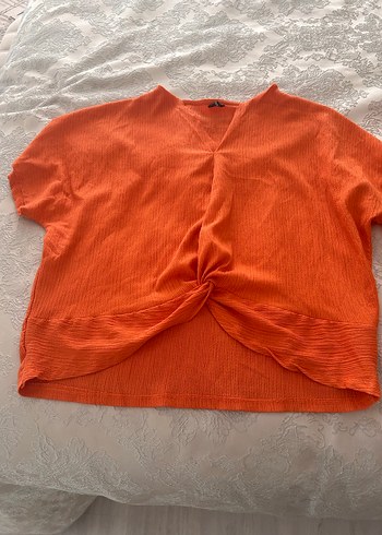 Turuncu V Yaka Piliseli Keten Bluz ve bol kesim pantolon - Görsel 4