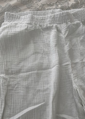 Kadın Beyaz Keten Bol Paça Pantolon ve üst - Görsel 2