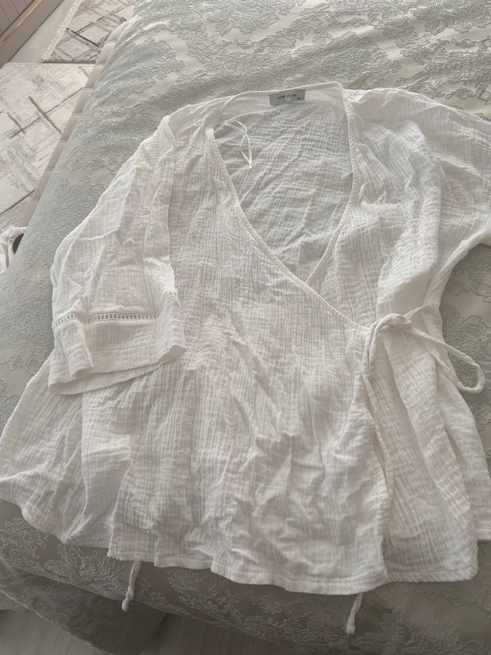 Kadın Beyaz Keten Bol Paça Pantolon ve üst - Görsel 4